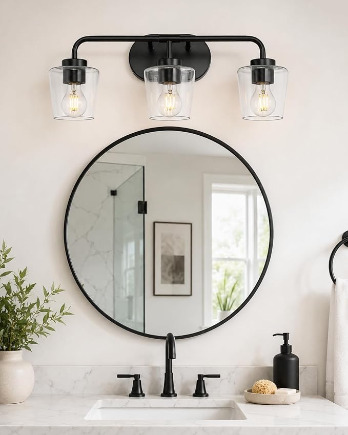 3-Light Matte Black Bathroom Light Fixtures, AD-22004-3W-BK-C | Bathroom Vanity Lights Over Mirror with Clear Glass, Modern Vanity Lighting Fixtures