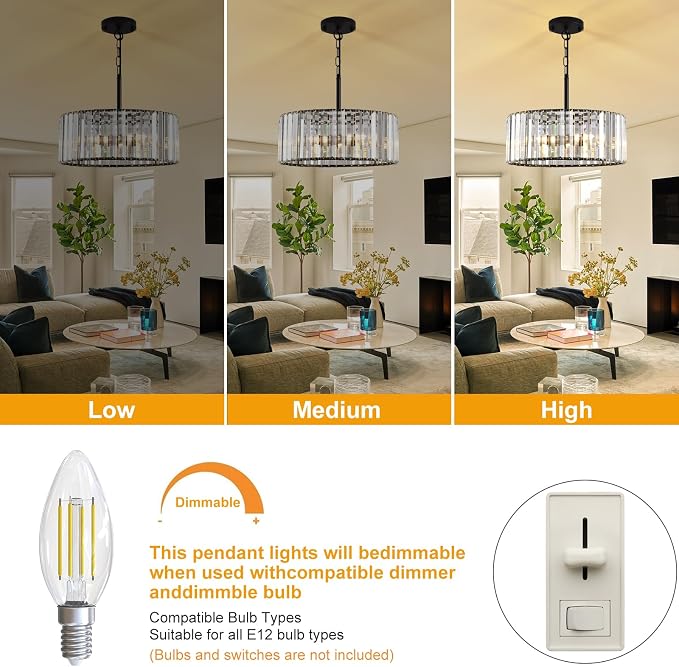 15" Modern Crystal Chandelier for Dining Room, No Assembly Required 4-Light Black Dining Room Light Fixture Over Table, Hanging Pendant Lights Fixture for Kitchen Island Living Room Foyer Entryway