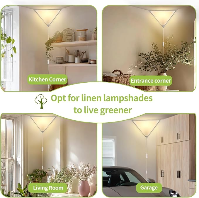 Corner Ceiling Light with Switch, Triangle Corner Lamp, 2 Pack | Linen Shade, 8.2ft Clear Cord, Plug in Ceiling Light Safe for Kids & Pets, Corner Lights for Living Room, Bedroom Dark Corner