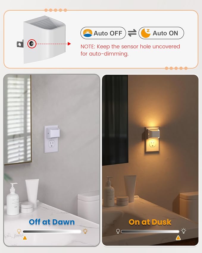 Plug in Night Light, Auto Brightness Sensor Night Light, 3000K Warm White, Ultra-Slim Wall Light for Hallway Bathroom Bedroom Stairs, White, 4 Pack