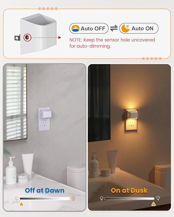 Plug in Night Light, Auto Brightness Sensor Night Light, 3000K Warm White, Ultra-Slim Wall Light for Hallway Bathroom Bedroom Stairs, White, 10 Pack