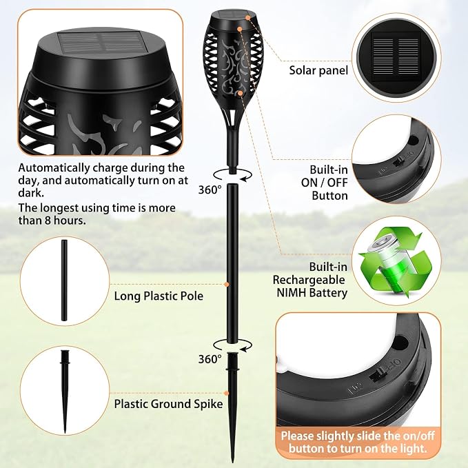 Solar Lights Outdoor, 4 Pack Solar Torch Light with Flickering Flame, Waterproof Outdoor Garden Lights for Yard, Tiki Torches for Outside Patio Pathway Decorations