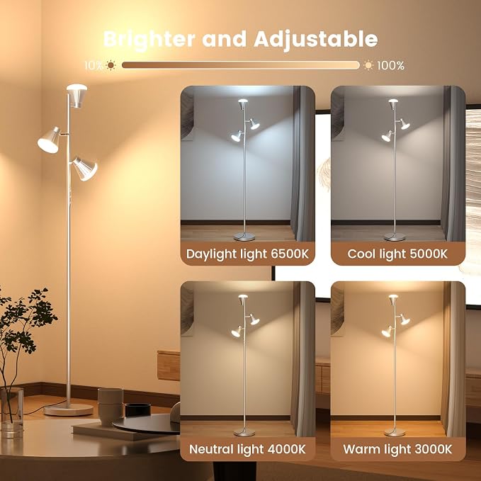 36W LED Tree Floor Lamp, Dimmable Tall Standing Lamp with Remote & Touch Control, 4 Color Temperatures Bright Floor Lamp, 3 Rotatable Light Modern Floor Lamps for Living Room Bedroom Office