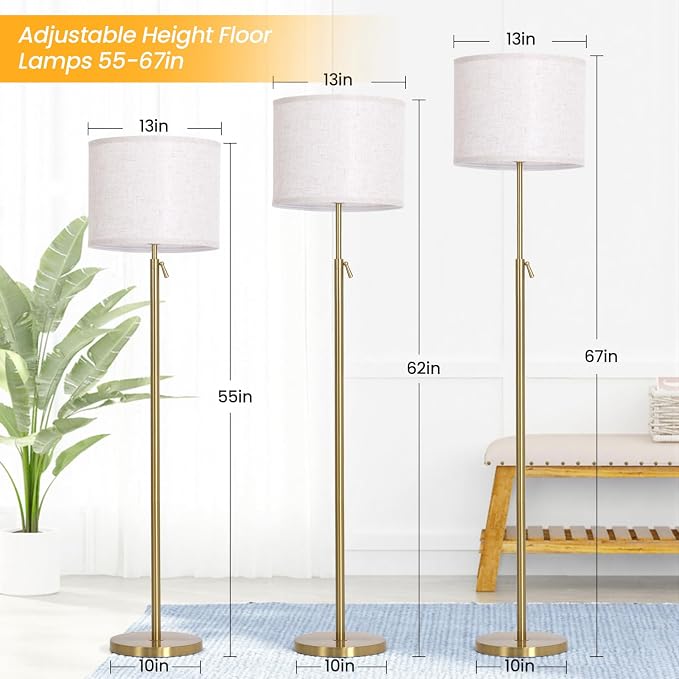 Floor Lamp Height Adjustable with Remote for Living Room and Bedroom Gold | 55"- 67" Height Adjustable Gold Standing Lamp with Dimmable 12W LED Bulb - Tall Stand Light with Shade for Corner Lighting