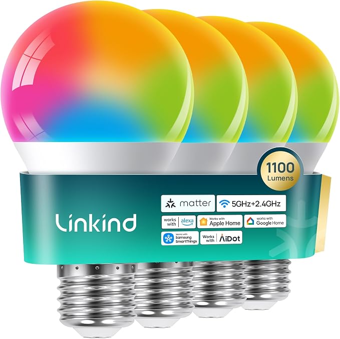 Linkind Matter Smart Light Bulbs 5GHz, Compatible with Alexa/Apple Home/Google | UltraColor 1100LM Color Changing Light Bulbs, 1000-20000K, Music Sync, Dotis AI, A19 2.4G & 5G WiFi 6 Bluetooth, 4Pack
