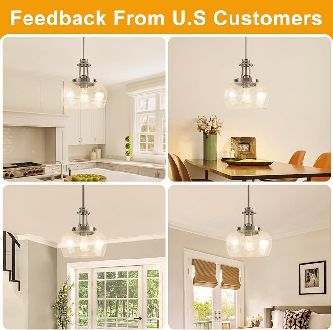 Modern Pendant Lights Kitchen Island, Brushed Nickel Pendant Light Fixtures with 10" Clear Air Bubble Glass Shade, Industrial Hanging Pendant Lights Fixture for Kitchen Island Dining Room Entryway