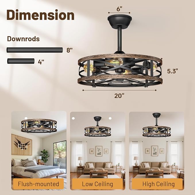 20in Caged Ceiling Fan with Lights, Low Profile Ceiling Fan, Small Rustic Industrial Farmhouse Ceiling Fans with Lights,Reversible Flush Mount Fandaliers Fan Light Ceiling Fixture for Bedroom Kitchen