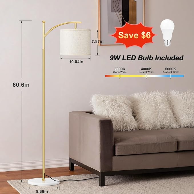 60" Floor Lamp for Living Room with 3 Color Temperatures, Gold Standing Lamp with White Marble Base, Modern Tall Lamp for Bedroom Office, 9W LED Bulb Included
