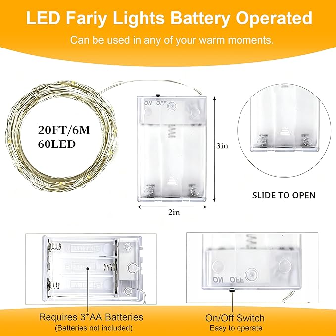 LED Fairy Lights Battery Operated 20FT 60 LEDs Silver Wire String Lights Twinkle Lights Starry Fairy String Lights for Bedroom Christmas Wedding Party Indoor Outdoor Decorations, Warm White