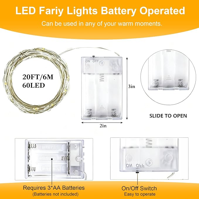 2 Pack LED Fairy Lights Battery Operated 20FT 60 LEDs Silver Wire String Lights Twinkle Lights Starry Fairy Lights for Bedroom Christmas Wedding Party Indoor Outdoor Decorations, Warm White