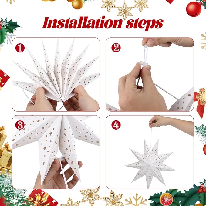 OSALADI 3Pcs Paper Star Lantern Lampshade 9 Pointed Star Hanging Decorations for Christmas New Year Wedding Party Holiday Birthday, 13.78 x 13.78 x 5.12 Inch