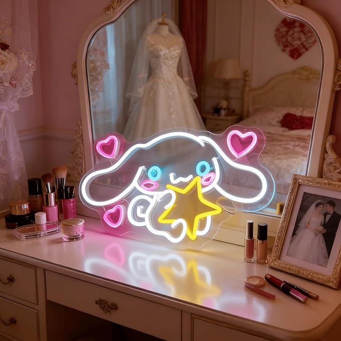 Cinnamoroll Neon Sign for Room Decor, USB Powered LED Lights with Dimmable, Japanese Cartoon Dog Neon Signs, Cute Night Light Gifts for Children (15"L x 9.61"W)