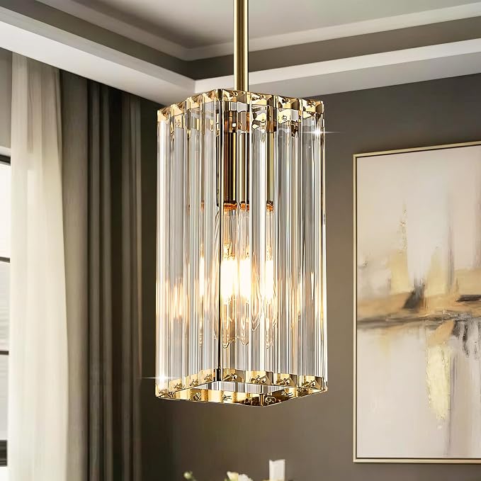 Modern Crystal Pendant Lights Kitchen Island, 1-Light Brushed Gold Hanging Light with Clear Crystal Shade, Adjustable Height Pendant Lighting for Kitchen Island Dining Room Bedroom Bar Entryway