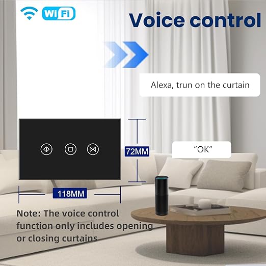 Smart Curtain Switch Single Gang 2.4GHz Wi-Fi Touch Switch, Neutral Wire Required,Work with Smart Life/Tuya App and Alexa,Tempered Glass Panel,Black