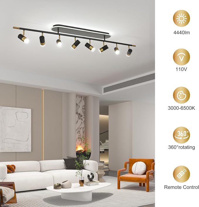 Jaycomey 8-Light LED Track Lighting Fixtures Ceiling, 74W Dimmable Ceiling Spotlights with Remote, 3000K-6500K Adjustable Modern Ceiling Light for Living Room, Dining Room, Bedroom, Black Gold