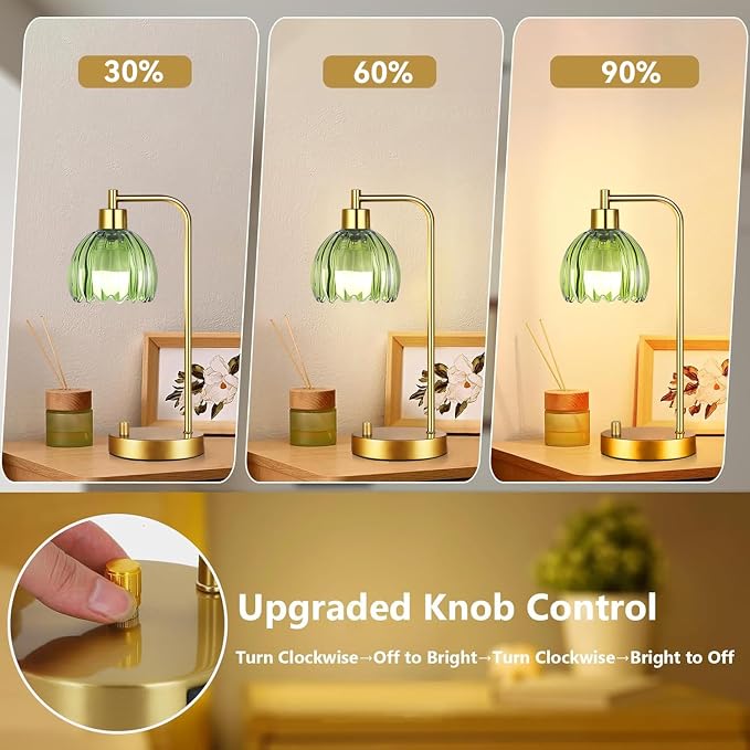 ILLMTW Green Table Lamp Set of 2,Small Glass Bedside Lamps Dimmable Boho Bedroom Lamp with Tulip Flower Lamp Shade,Gold Vintage Mid Century Modern Mini Nightstand Lamp for Bedroom Living Room