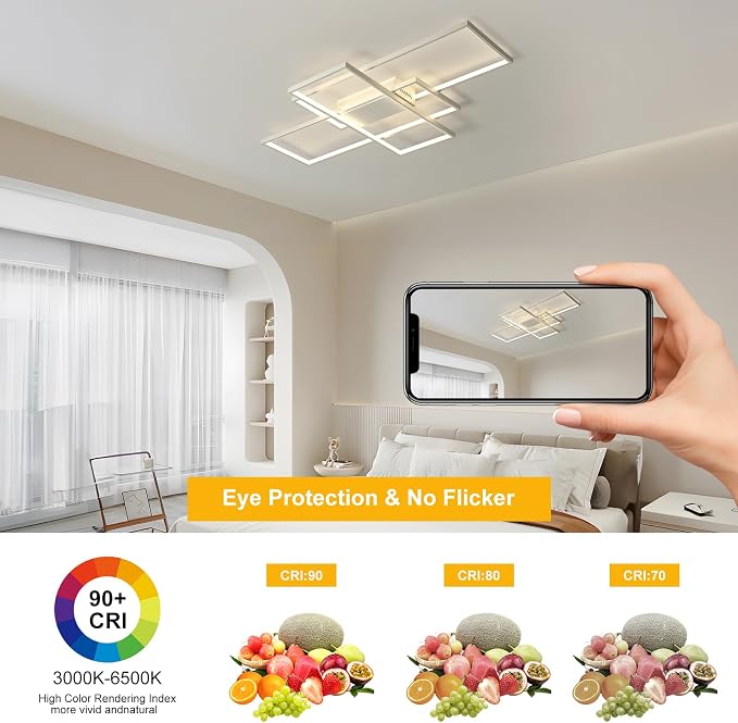 GEADI 35.4" Modern LED Flush Mount Ceiling Light, White | 50W Rectangle Ceiling Light Fixture with Remote Control, 3000K-6500K Adjustable for Kitchen, Bedroom & Living Room