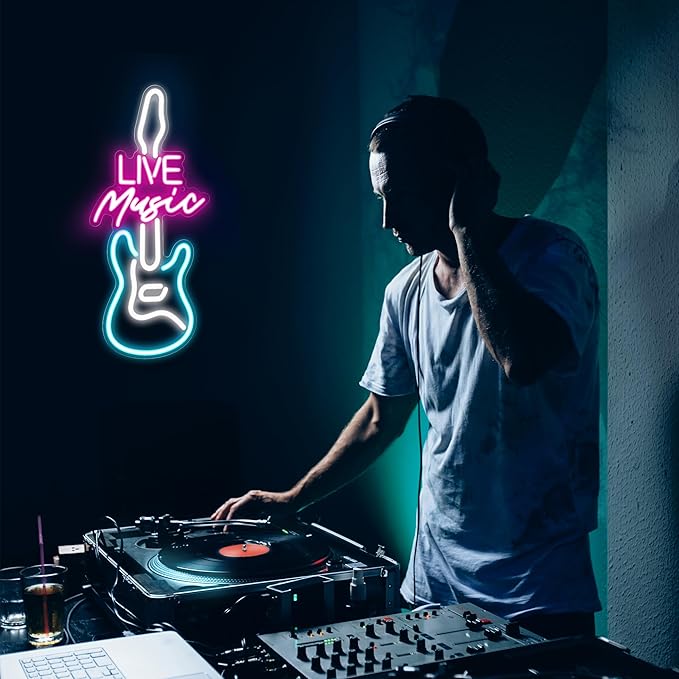 Kavaas Live Music Neon Sign for Wall Decor, LED Guitar Shaped Sign for Music Studio, Bar, Bedroom, Party, Man Cave - Best Gifts for DJs Enthusiast, Birthday, Christmas