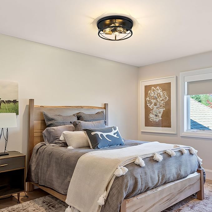 Farmhouse Light Fixtures, Black and Gold Round Metal Flush Mount Ceiling Light, 3-Light Cage Ceiling Lamp for Kitchen, Foyer, Bedroom, Hallway（Bulbs Not Included）