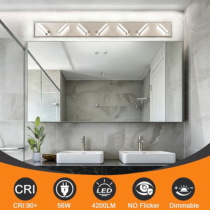 Bathroom Lights Fixtures Over Mirror, 360°Rotate Modern LED Vanity Lights for Bathroom, 56W Dimmable & High CRI Acrylic Wall Lighting, No Assembly Required (Brushed Nickel, 7-Light, 42 Inch)