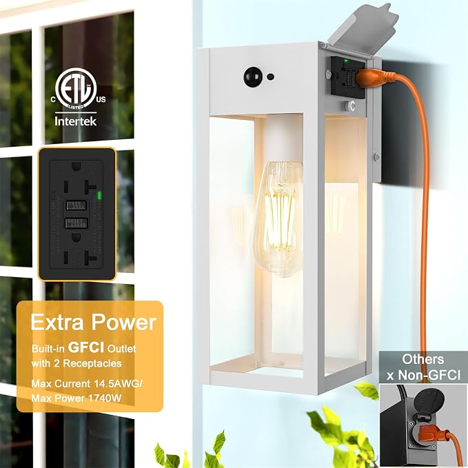 Porch Lights with GFCI Outlet, Motion Sensor Outdoor Lights | Dusk to Dawn, Anti-Rust, Waterproof, Tempered Glass, Easy Installation, E26 Socket, Exterior Lighting for Patio Garage, White