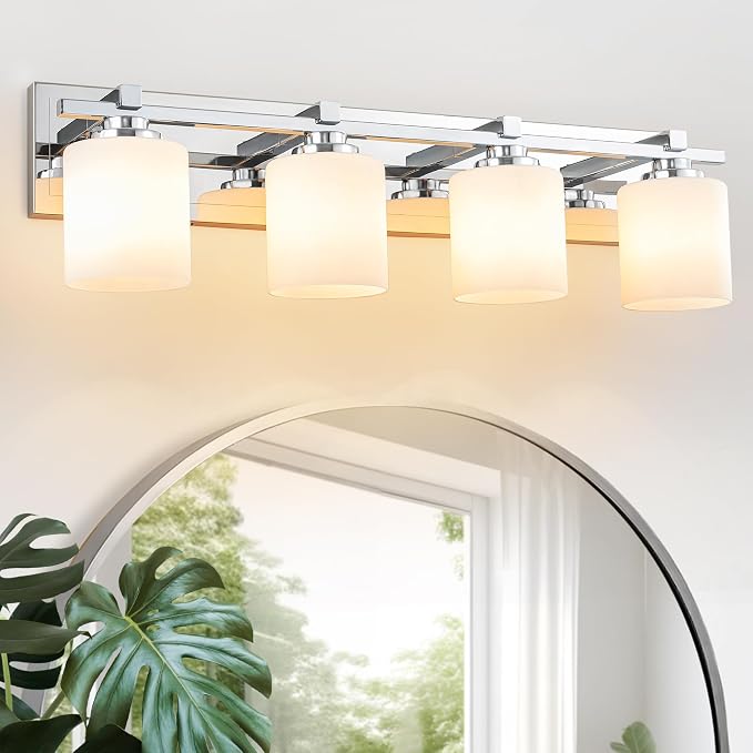 Modern Bathroom Light Fixtures Over Mirror, Vanity Lights for Bathroom Wall Sconces with Milky White Glass Shades, E26 Socket (Bulbs Not Included), 4 Light, Chrome