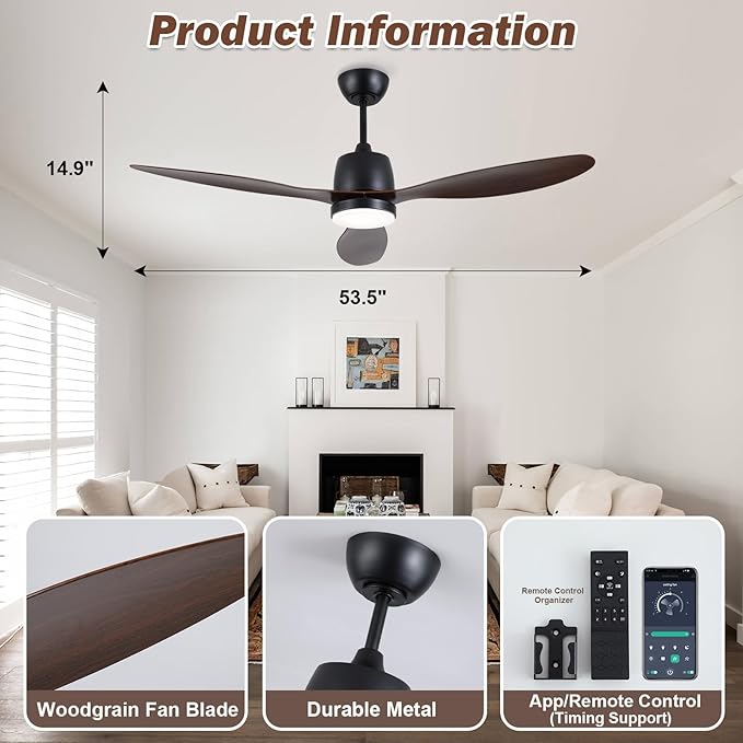 52-Inch Ceiling Fan with Light: Modern Indoor Black Ceiling Fans, App/Remote Control, 6-Speed Reversible Quiet DC Motor, for Bedroom Kitchen Living Room