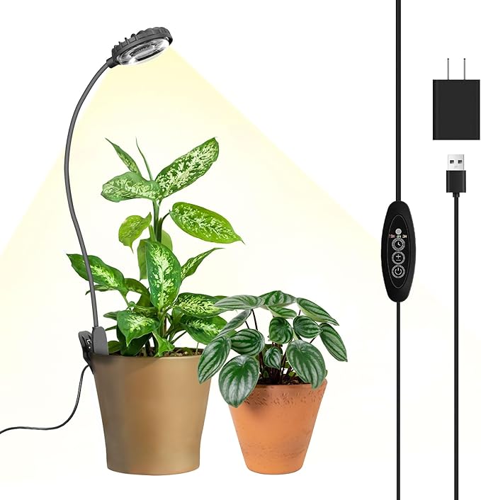 Small Clip On Grow Light for Indoor Plants, Full Spectrum, Dimmable | 7W Full Spectrum 4000K LED,4-mode dimmable brightness,Auto-timer cycles,360° flexible 20-inch gooseneck with anti-slip clamp