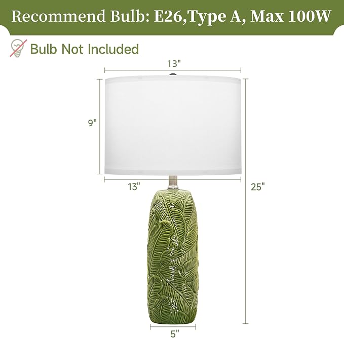 25" Green Ceramic Table Lamps for Living Room Set of 2 with Leaves Design | Retro Bedroom Nightstand Lamps, End Table Lamps, Farmhouse Home Decor Lamps, Green Lamps with White Shade, Premium Ceramic