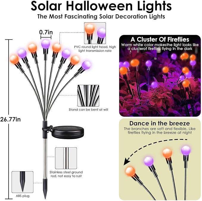 OZS 6 Pack Solar Halloween Lights Outdoor, 48 LED Purple Orange Firefly | Waterproof IP65, Swaying Effect, 2 Modes, for Garden Pathway Patio Yard Lawn Decor, Halloween Decorations