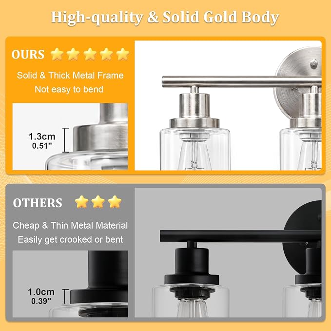 Modern Bathroom Light Fixtures, 3 Light Vanity Lights with E26 Bulbs, Brushed Nickel Wall Lamp with Clear Glass for Mirror Living Room Hallway Cabinet Porch