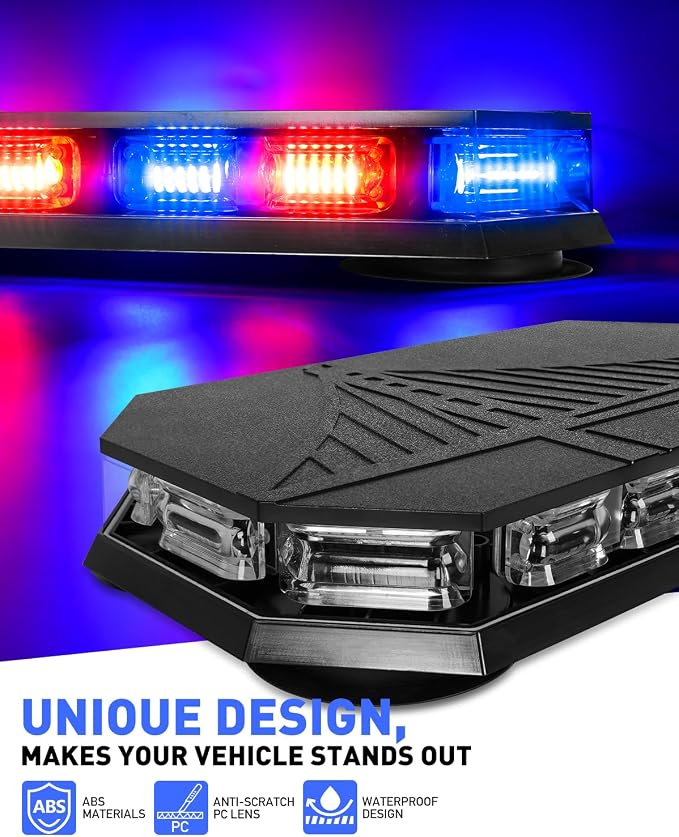 HLauto 406D Rooftop Emergency Strobe Lights Bar, 102 LED Red Blue Mini Beacon Safety Flashing Warning Traffic Lights Bar w/Magnetic Base for 12-24V Trucks, Construction Vehicles, Snowplow, Cars