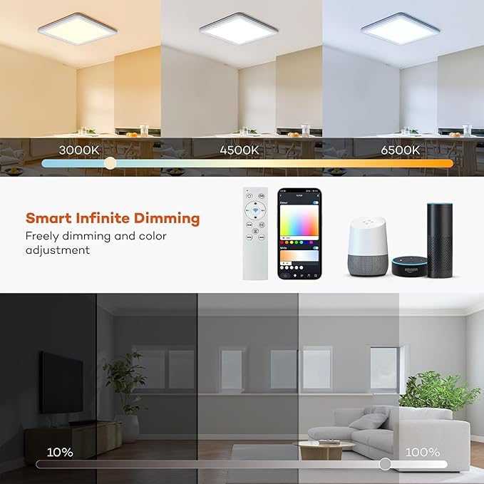 Smart LED Ceiling Light WiFi, 13in RGB Flush Mount Lighting Fixture with Remote, Compatible with Alexa Google Home, Low Profile Ceiling Light for Bedroom, Kitchen, Square White