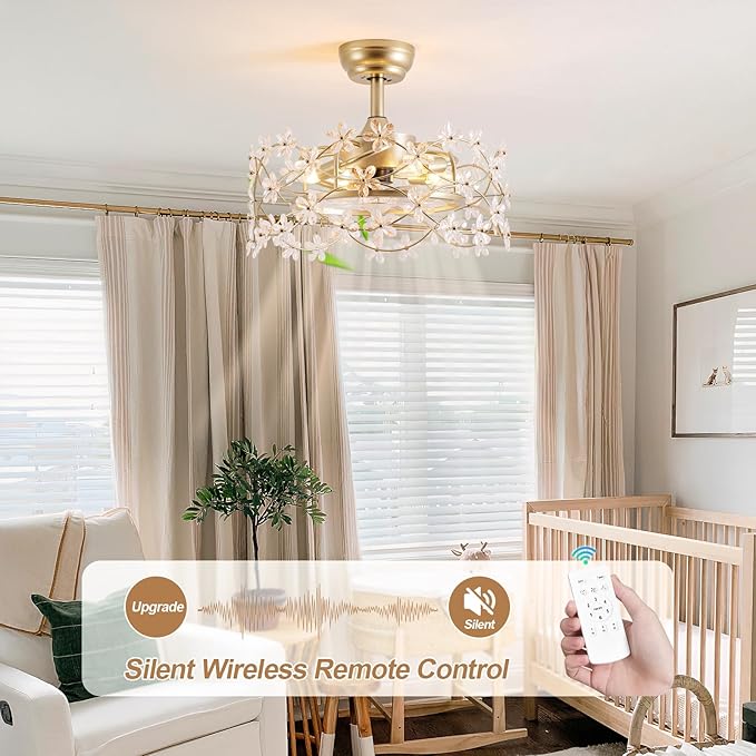 20" Gold Fandelier Ceiling Fan with Light, Flower Crystal Chandelier Ceiling Fan with Light and Remote Control, Modern Caged Enclosed 6 Speeds for Girl's Bedroom, Nursery, Living Room
