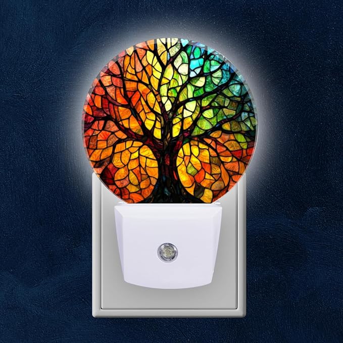 Round LED Night Lights Lamp with Dusk to Dawn Sensor, Artistic Color Panel Tree Night Light Plug Into Wall for Kids Room, Bedroom, Bathroom, Kitchen, Hallway