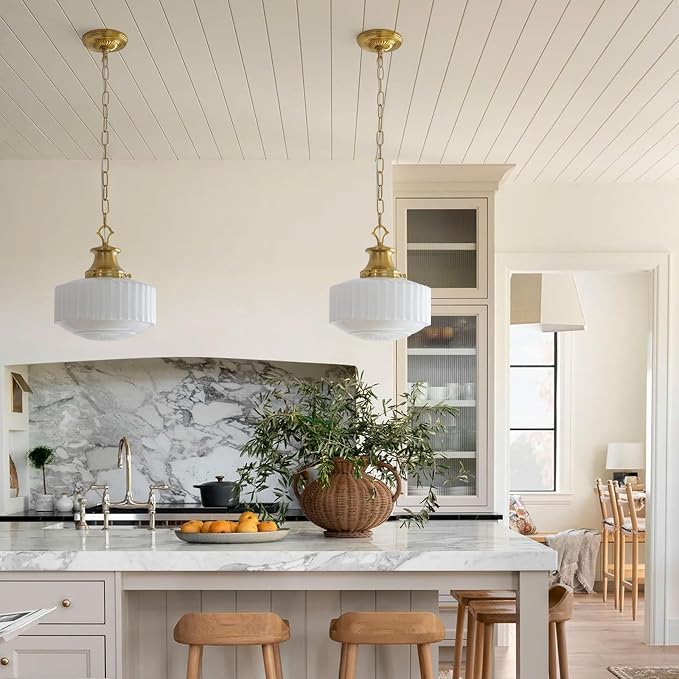 Milk Glass Pendant Light, 10.63" White Pleated Glass Chandelier, Vintage Brass Antique Pendant Lights, for Kitchen Island Lighting, Hallway, Bedroom, Dining Room, Foyer, E26 Bulb Included