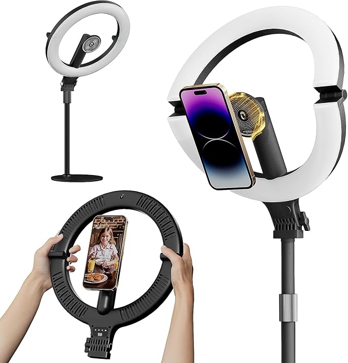 10" Magnetic Ring Light Overhead Camera Phone Mount, XINBAOHONG LED Selfie Light with Stand and Phone Holder, Rechargeable Desk Light for Video Recording（Standing）