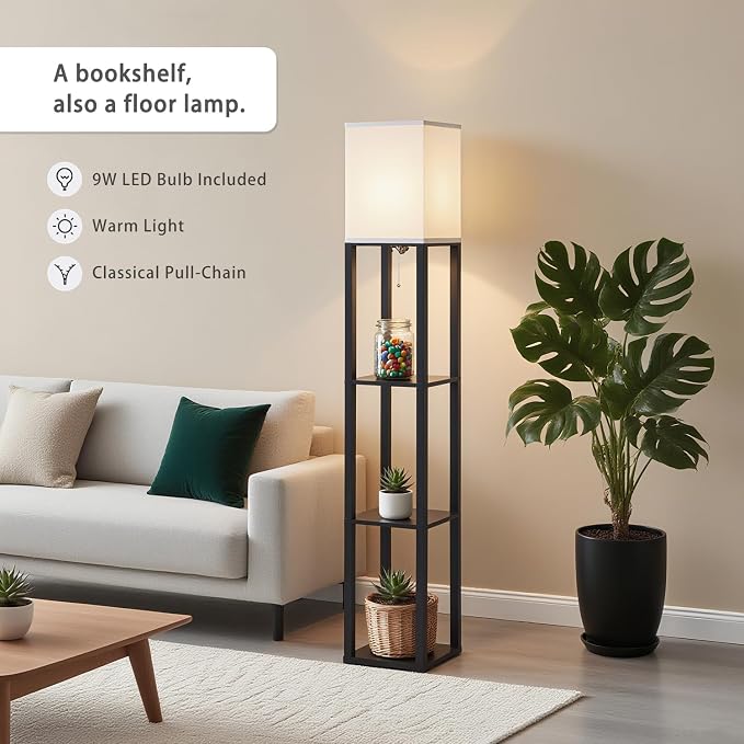Floor Lamp with Shelves, Modern Square Shelf Lamp for Living Room, Corner Display Standing Lamp, Tall Lamp with White Shade for Bedroom, Office, Home Decor, Black