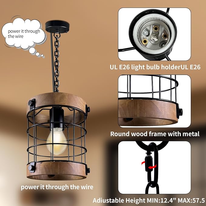 Farmhouse Pendant Light Fixtures, Wood & Metal, E26 Max 60W | Rustic Hanging Lamp for Kitchen, Sink, Entryway – Adjustable 47.2" Pipe, Sloped Ceiling Compatible, Incandescent