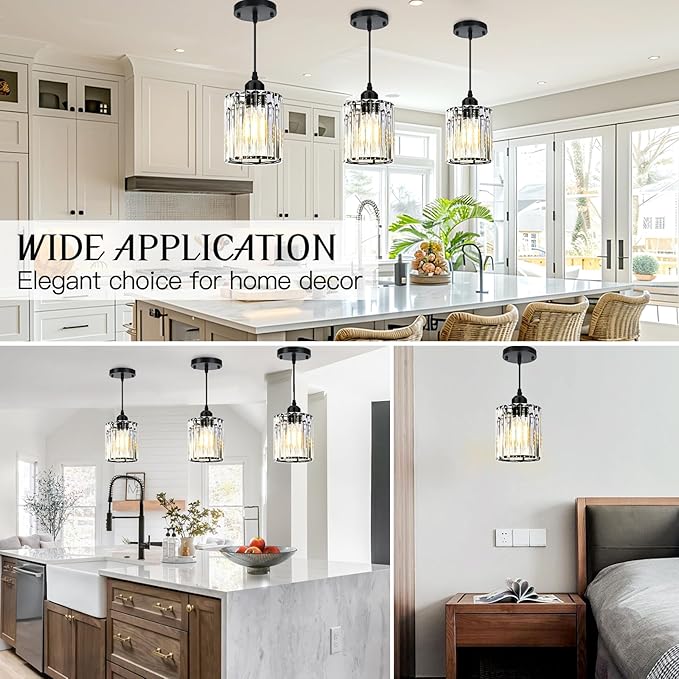 Black Pendant Lights for Kitchen Island, Elegant Modern Island Lights for Kitchen with Crystal Glass – Luxury 2 Pack Pendant Lights for Kitchen Island, Dining Table, Entryway, Restaurant