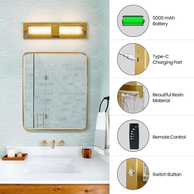 Battery Operated Resin Wall Sconce - Wireless Rechargeable Gold Wall Light Dimmable LED Remote Wall Sconces Lighting Modern Cordless Brushed Brass Vanity Light Fixture for Living Room Bedroom Bathroom