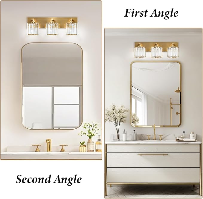 Gold Crystal Bathroom Vanity Light, 3-Light Modern Bathroom Lighting Fixtures Over Mirror,Chrome Wall Sconce Light Fixtures with Square Shade