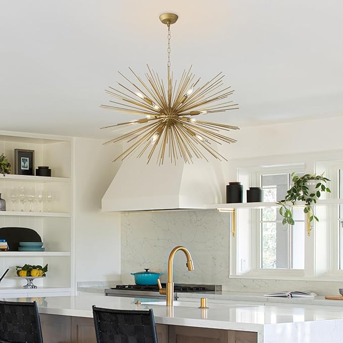 Modern 33.8in Gold Sputnik Chandeliers 12-Light Mid-Century Starburst Chandelier Light Fixture Solid Metal Satellite Large Chandelier for High Ceiling Dining Room Living Room Foyer E12