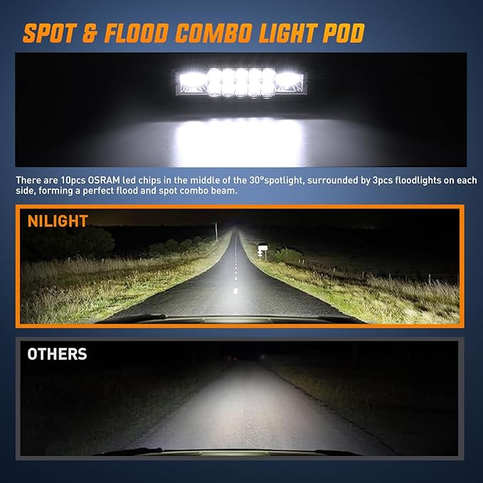 Nilight LED Pods 2PCS 6 Inch 60W Flood Spot Beam Combo Light Bar Driving Fog Off Road Lighting 12V 24V for Trucks UTV ATV Marine Boat Golf Cart Trailer