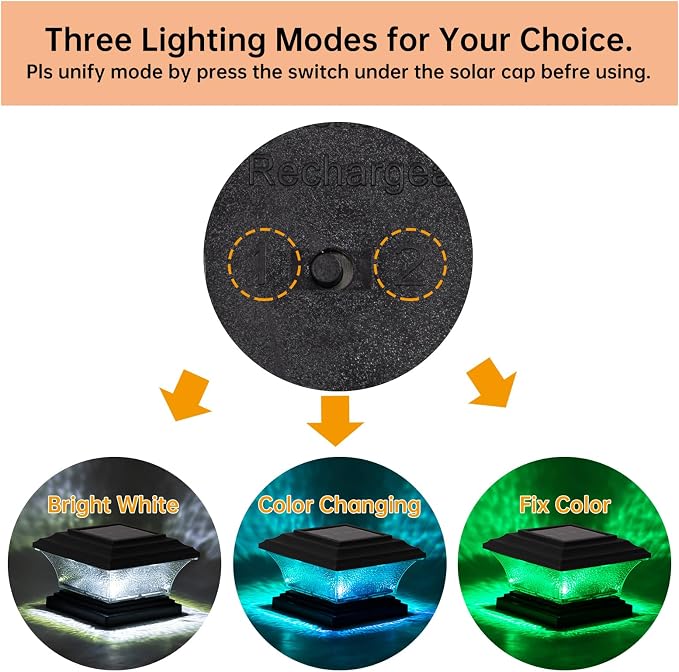 HUYIENO Solar Post Cap Lights - Outdoor LED Deck Fence Cap Light with 9 Light Modes, Bright White & 7 Color Fixed/Cycling Modes, Suitable for 4x4 & 5x5 Wooden Posts - Black, 2pk