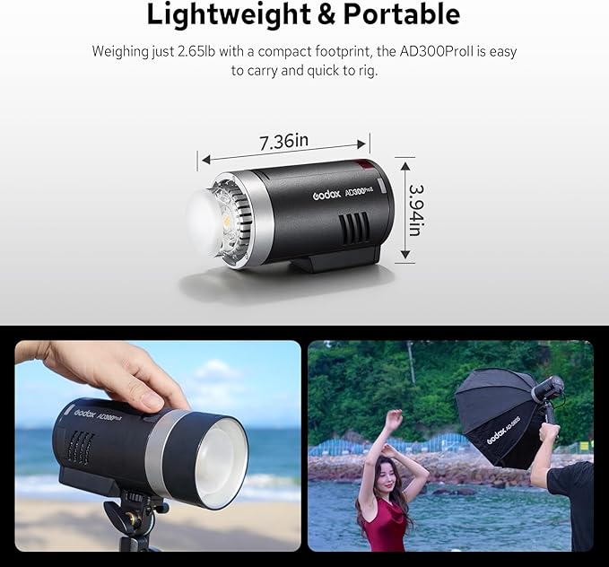 GODOX AD300Pro II AD300 Pro II Outdoor Flash Strobe, 2.4G 300Ws TTL HSS 1/8000s Portable Flash Monolight, 350 Full Power Flashes, 12W Bi-Color Modeling Lamp, 1/512-1/1 Power Adjust, HD Color Screen