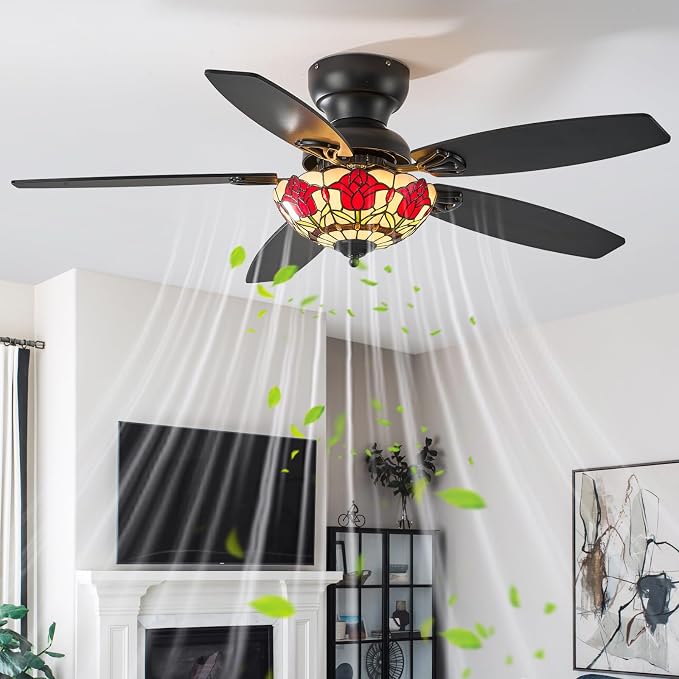 Tiffany Ceiling Fans with Lights-48"Ceiling Fan Chandelier and Glass Shade | 48" Ceiling Fan Chandelier with 5 Dual-Blades and Glass Shade, 6 Speeds and Reversible, Indoor and Outdoor, Retro Style