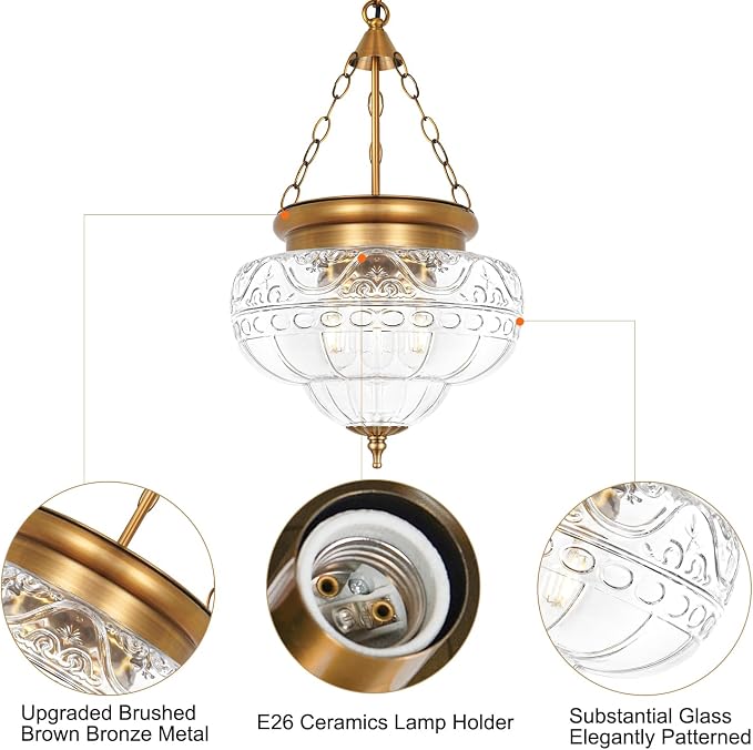 3-Light Brushed Antique Brass Pendant Light Fixtures with 12In Unique Thickened Glass, Vintage Pendant Lights Kitchen Island with Adjustable Chain, Hanging Light Fixtures for Entryway, E26*3
