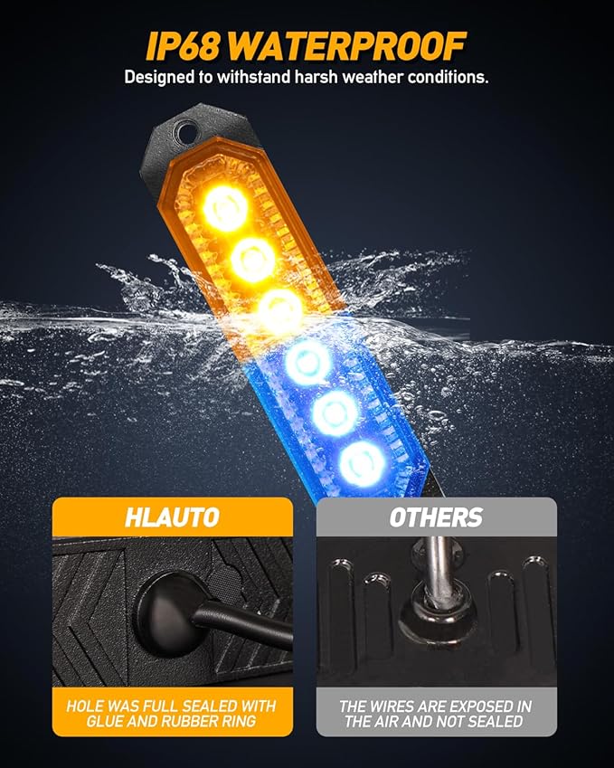 HLauto 406T Emergency Strobe Grille Lights: 4Pcs 6 LED Sync Feature Safety Warning Flashing Light, 12V-24V Ultra Slim Surface Mount Hazard Caution Light for Truck, Vehicle, Car, ATV, UTV (Amber Blue)