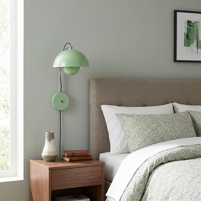 Mid-Century Modern Bud Plug in Wall Sconces for Bedroom, Pastel Green | Indirect lighting reading wall lamp, all-metal construction, plug-in or hardwired install, fits bedroom bedside, living room